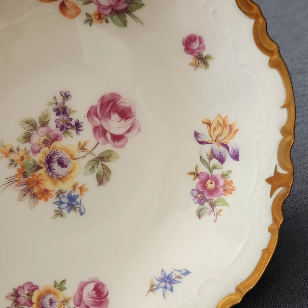 Vintage German Reichenbach Scalloped Gold Rim Floral Fruit Bowl